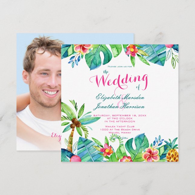 Invitación Foto Tropical Beach Wedding Floral Verde azulada r (Anverso / Reverso)