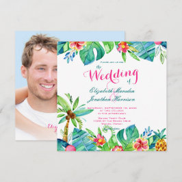 Invitación Foto Tropical Beach Wedding Floral Verde azulada r