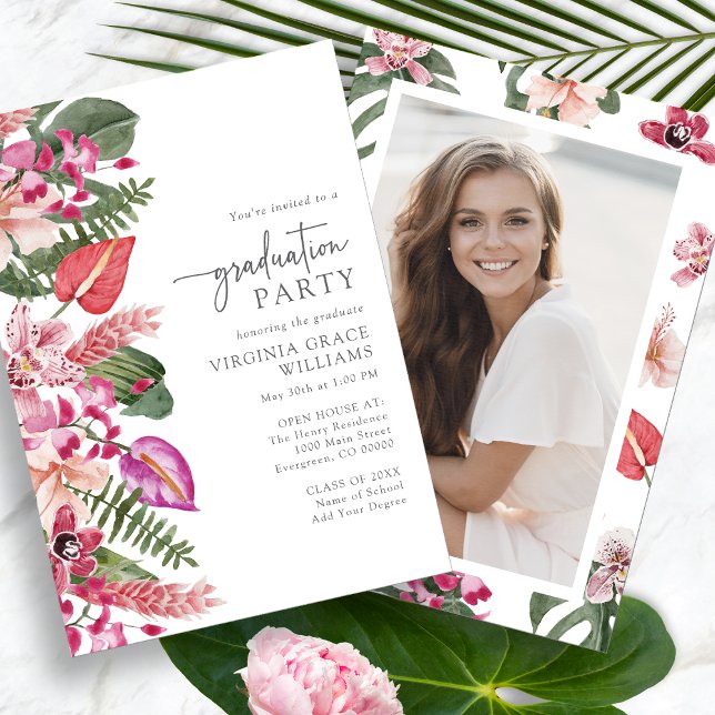 Invitación Foto Tropical Graduación (Tropical Floral Photo Graduation Party Invitation by Painted Paperie
)