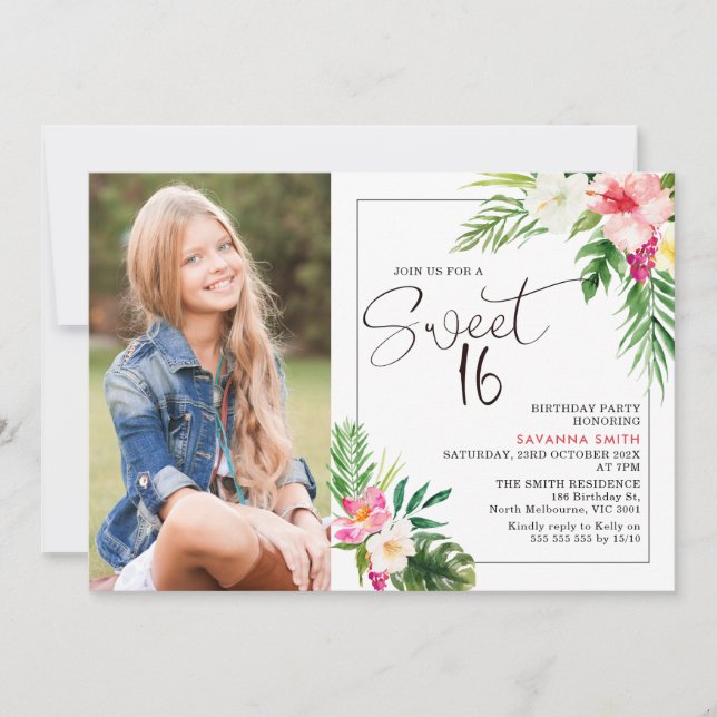 Invitación Foto tropical moderna con flores dulce 16 cumpleañ (Anverso)