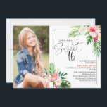 Invitación Foto tropical moderna con flores dulce 16 cumpleañ<br><div class="desc">Moderna invitación de 16 años con flores tropicales tropicales de 16 años con dos encantadores arreglos florales con flores de hibisco y follaje tropical. Esta dulce invitación de 16 años también incluye una fotografía y una imagen moderna de encabezado de caligrafía que es extraíble.</div>