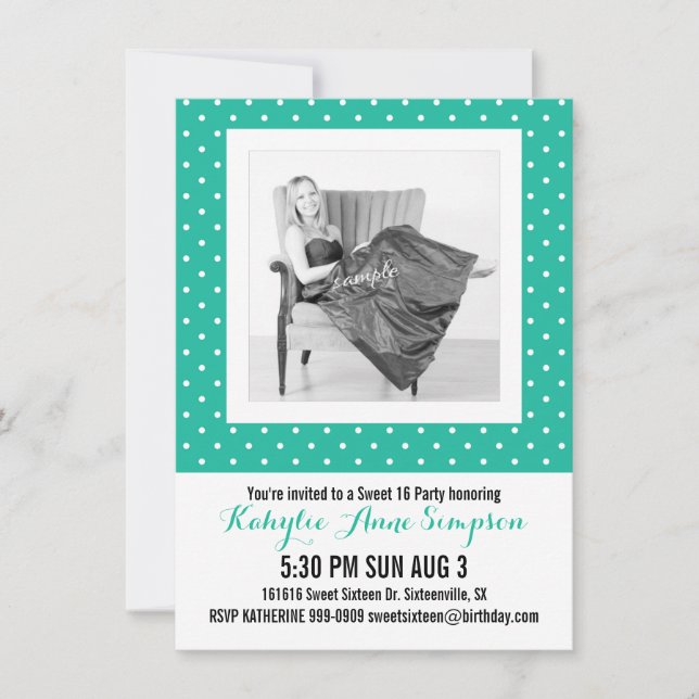 Invitación Foto turquesa dulce Polkadots 16 Fiestas (Anverso)