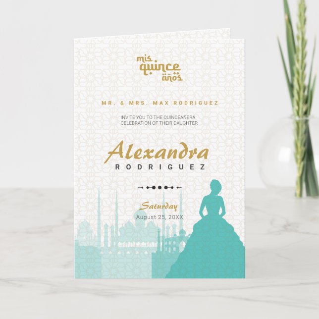 Invitación Foto Turquoise & Gold Arabian Quinceañera (Anverso)