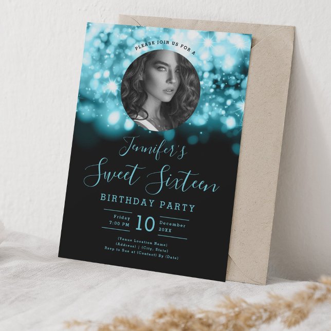Invitación FOTO Turquoise Hollywood Ilumina dulce 16 Fiesta (PHOTO Turquoise Hollywood Lights Sweet 16 Party Invitation)