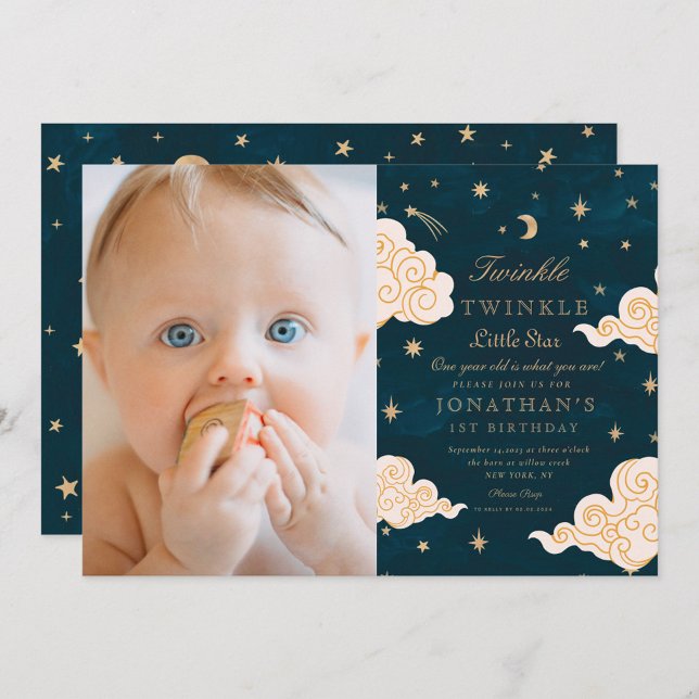 Invitación foto Twinkle Little Stars Cute Moon 1er cumpleaños (Subido por el creador)