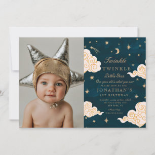 Invitación foto Twinkle Little Stars Cute Moon 1er cumpleaños