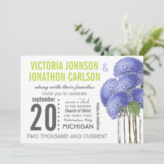 Invitación Foto Ultra Viole Lime Hydrangea Mason Jar Boda (Anverso de pie)