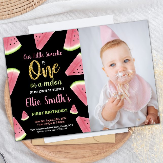 Invitación Foto Un Purpurina Slices Watermelon Cumpleaños (Photo One Glitter Slices Watermelon Birthday Invitation)