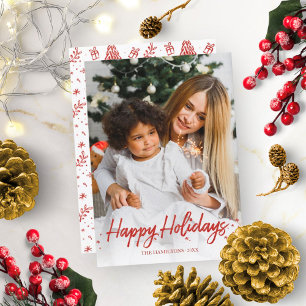 Invitación Foto Única Escrita a Mano Roja Felices Fiestas