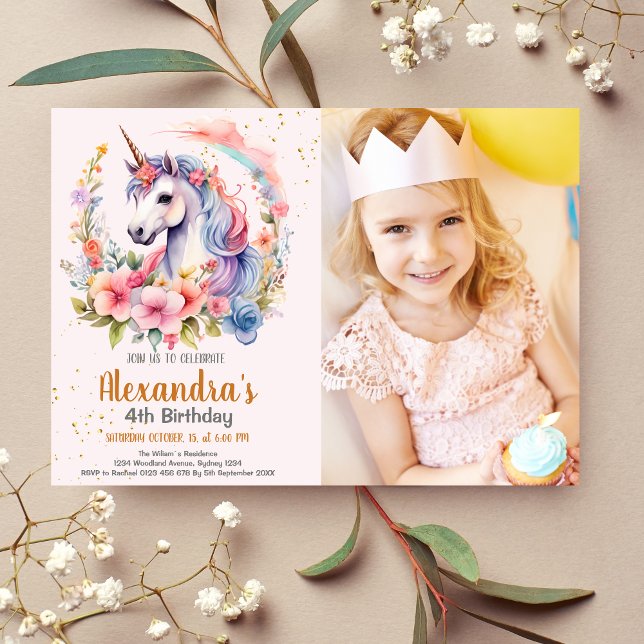 Invitación Foto Unicornio Arcoiris respira cumpleaños dorado (Subido por el creador)