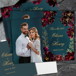 Invitación Foto verde azulada de burdeos de tono jewel salva