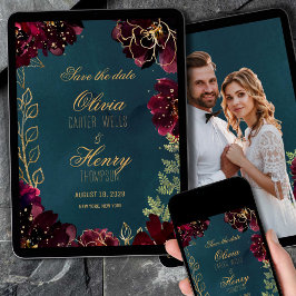 Invitación Foto verde azulada de burdeos jewel tone Save the 