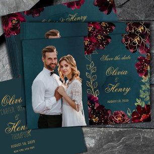 Invitación Foto verde azulada de burdeos jewel tone Save the 