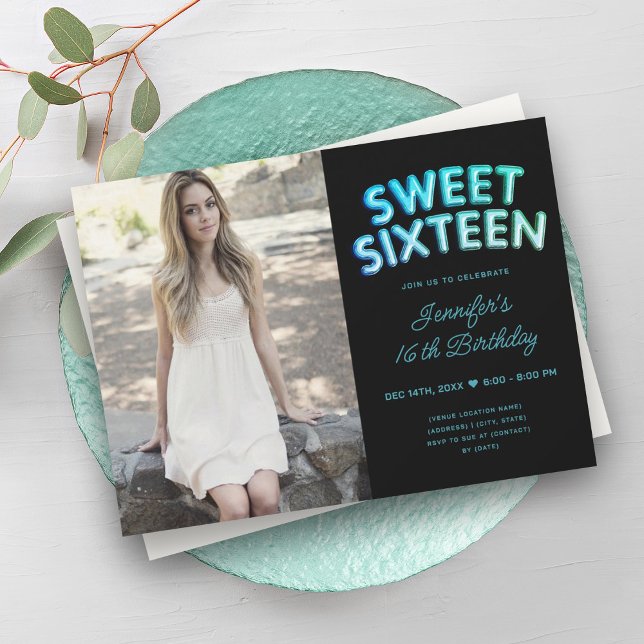 Invitación Foto Verde azulada de Globos Turquesa Negros Dulce (Photo Teal Turquoise Black Balloons Sweet 16 Invitation)