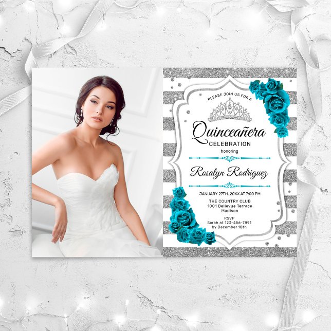 Invitación Foto verde azulada de plata azul Quinceanera (Subido por el creador)