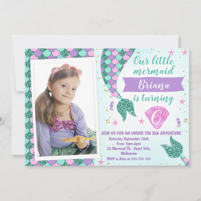 Invitación Foto Verde azulada de sirena Tail Birday (Anverso)