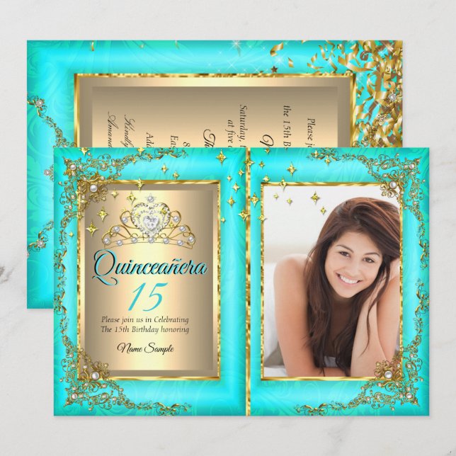 Invitación Foto Verde azulada del partido de oro Quinceanera  (Anverso / Reverso)