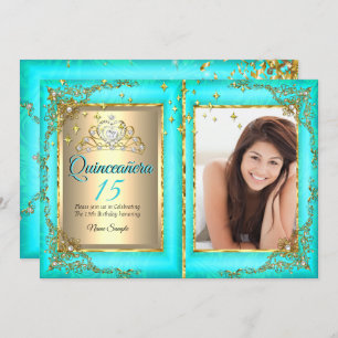 Invitación Foto Verde azulada del partido de oro Quinceanera 
