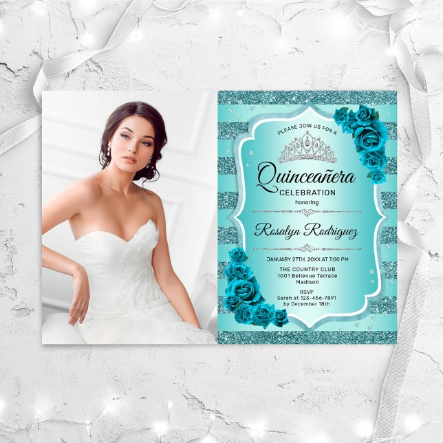 Invitación Foto verde azulada elegante Quinceanera (Subido por el creador)