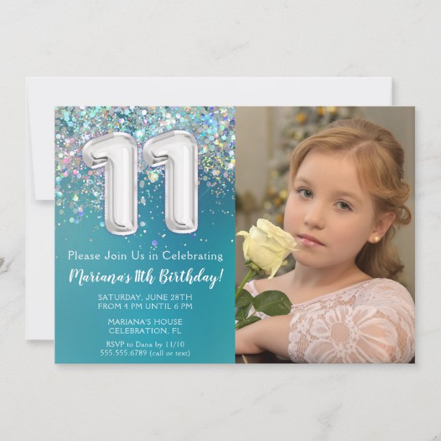 Invitación Foto Verde azulada Purpurina Plata 11º cumpleaños (Anverso)