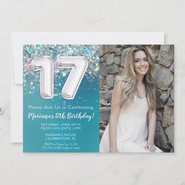 Invitación Foto Verde azulada Purpurina Plata 17 cumpleaños (Anverso)
