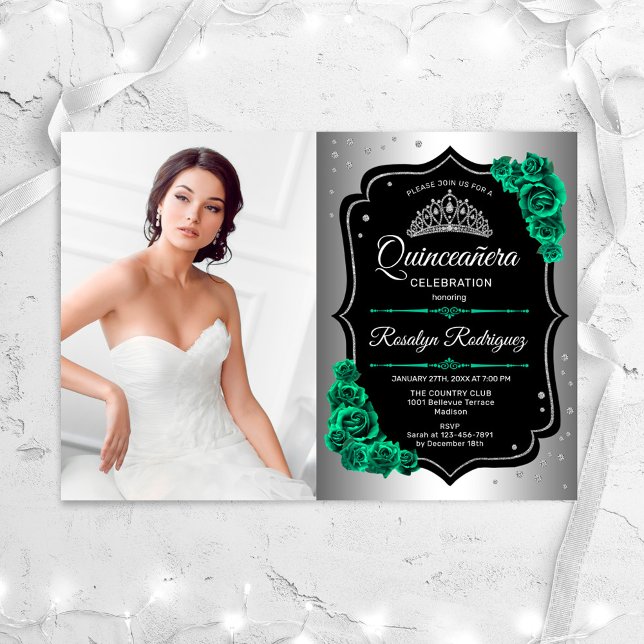 Invitación Foto verde de esmeralda negra plateada Quinceanera (Subido por el creador)