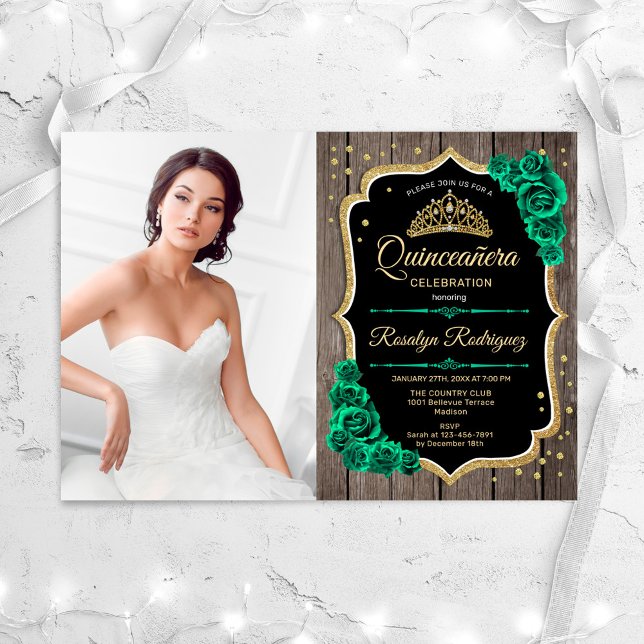 Invitación Foto verde de esmeralda rusa Quinceanera (Subido por el creador)