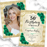 Invitación Foto verde de la Esmeralda del Oro 50 cumpleaños<br><div class="desc">Elegante invitación de 50 años floral femenina con tu foto al fondo de la tarjeta. Diseño de vidrio con oro falso purpurina. Presenta rayas doradas, rosas verdes esmeraldas, letra de guión y confeti. Perfecto para un elegante fiesta de celebración de cumpleaños. Personaliza con tus propios detalles. ¡Se puede personalizar para...</div>