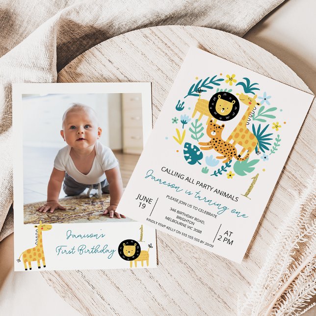 Invitación Foto Verde Llamando a todos los animales Fiestas p (Party Animals Safari 1st Birthday Invitation Baby Boy,
Photo Safari Wild One Birthday Invitation )