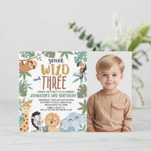 Invitación Foto Verde Marrón Joven Salvaje Cumpleaños Tres 3