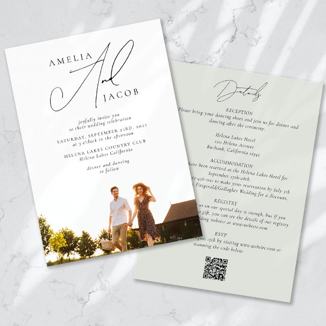 Invitación Foto verde sage moderna, código QR, todo en un Bod (Subido por el creador)