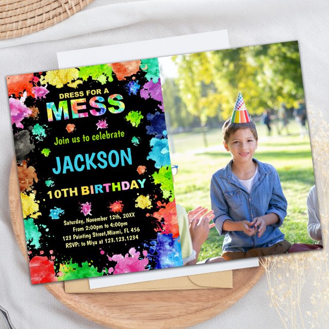 Invitación Foto Vestido negro para pintar para Mess Cumpleaño (Photo Black DressForMess Paint Birthday Invitation)