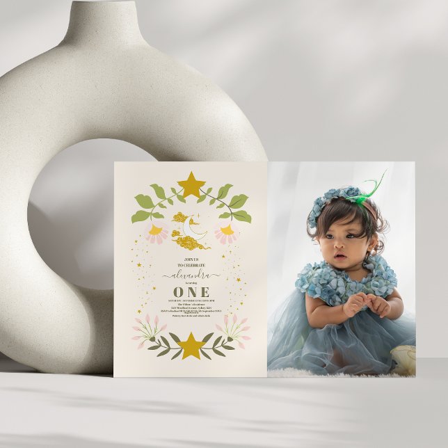 Invitación Foto Vintage Celestial Botánico Primer Cumpleaños (Subido por el creador)