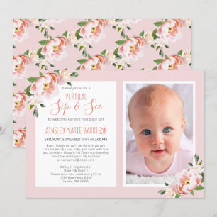 Invitación Foto virtual de Rubor rosa con flores para bebé