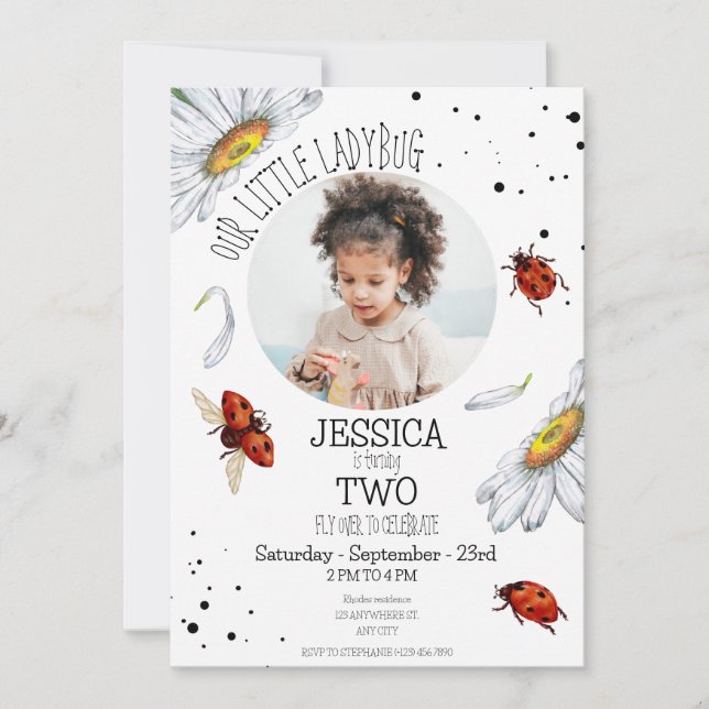 Invitación Foto Watercolor Cute Cumpleaños Chica Ladybug (Anverso)