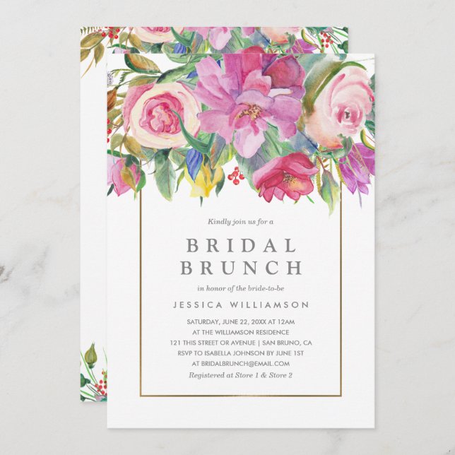 Invitación Foto Watercolor Floral Bridal Brunch (Anverso / Reverso)