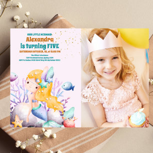 Invitación Foto Watercolor Mermaid Birday Party