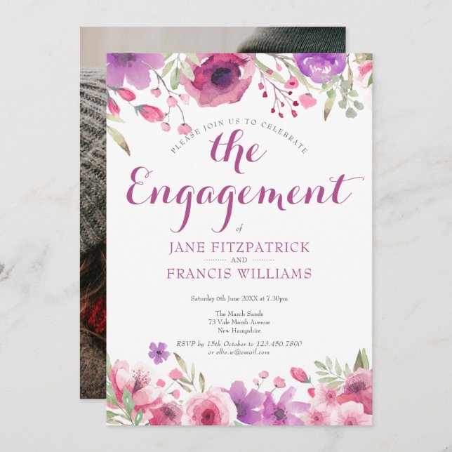 Invitación Foto Watercolor Rosa Partido de Compromiso Floral (Anverso / Reverso)