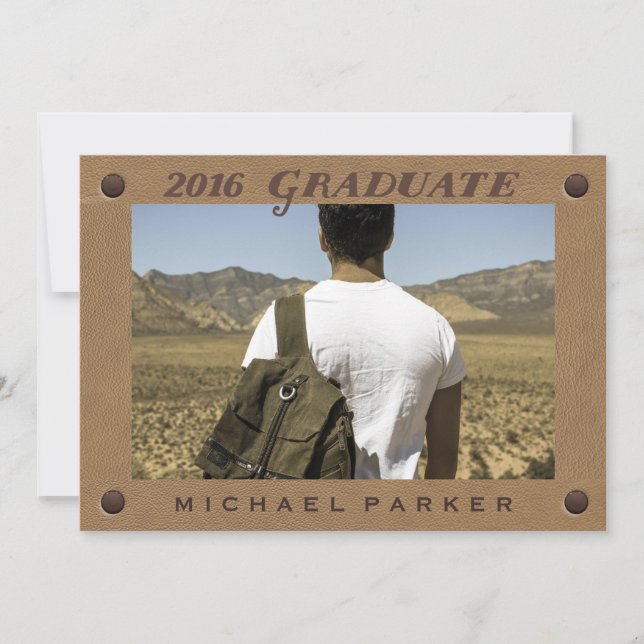 Invitación Foto y apariencia de cuero marrón graduado de 2016 (Anverso)