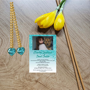 Invitación Foto y caída de Purpurina azul Verde azulado dulce