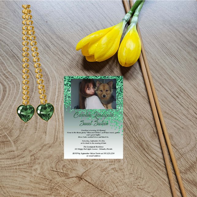 Invitación Foto y caída de Purpurina verde dulce dieciséis (Subido por el creador)