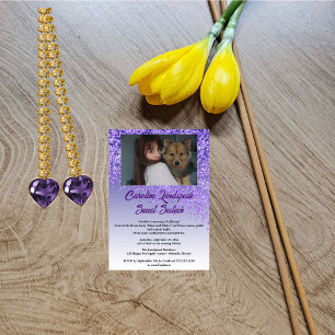 Invitación Foto y caída Purpurina morado dulce dieciséis
