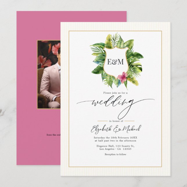 Invitación Foto y código QR de boda con vegetación tropical (Anverso / Reverso)