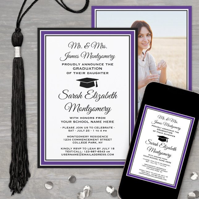 Invitación Foto y nombres de padres de graduación morado y bl (Subido por el creador)