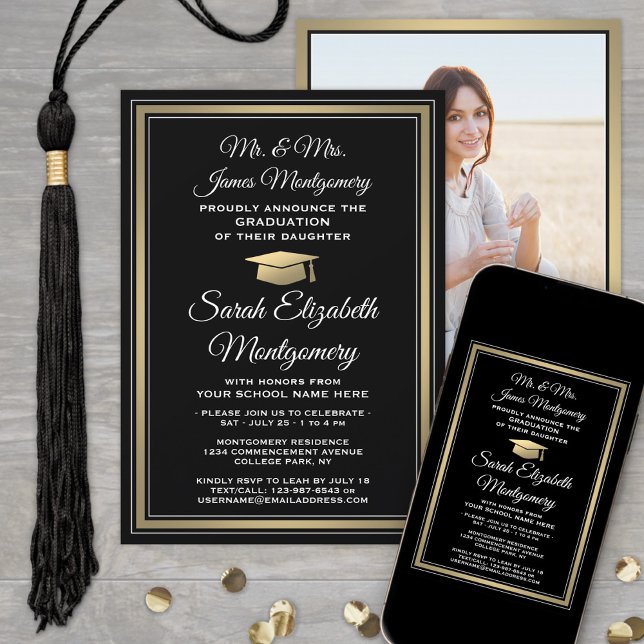 Invitación Foto y Padres Nombres de Black Gold Graduation Par (Subido por el creador)