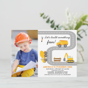 Invitación Foto Yellow Build Fun Construction 1er cumpleaños