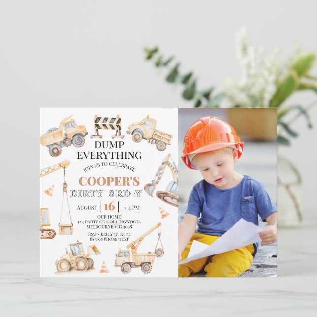 Invitación Foto Yellow Construction Dirty 3rd-y 3er cumpleaño (Anverso de pie)