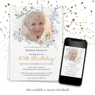 Invitación Foto: Yellow Floral Surprise 80th Birthday Party