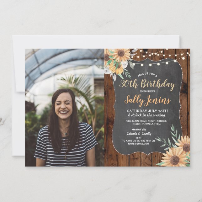 Invitación FotoCumpleaños Fiesta Rústico Girasol Floral Mader (Anverso)
