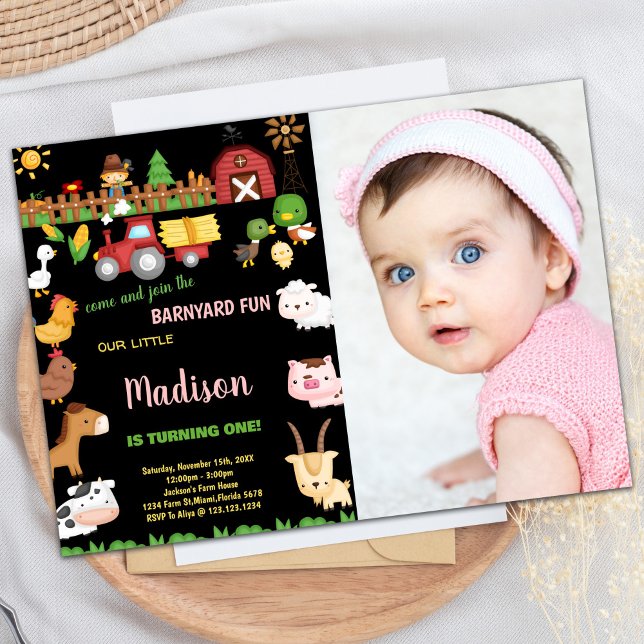 Invitación Fotografía 1Invitaciones de cumpleaños de Farm Bar (Photo 1st Farm Barnyard birthday invitations)